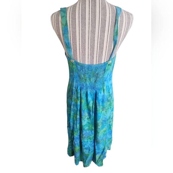 2/$15 ✨️Vintage Blue Green Tie Dye Hippie Rave Beach Island Maxi Buttom Dress - Picture 5 of 5